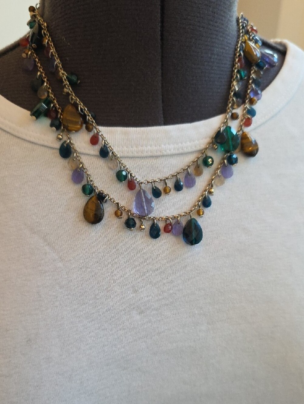 Talbots Multi-Gem Teardrop Layered Necklace in Green, Purple, Blue, Brown, Red - Picture 7 of 8